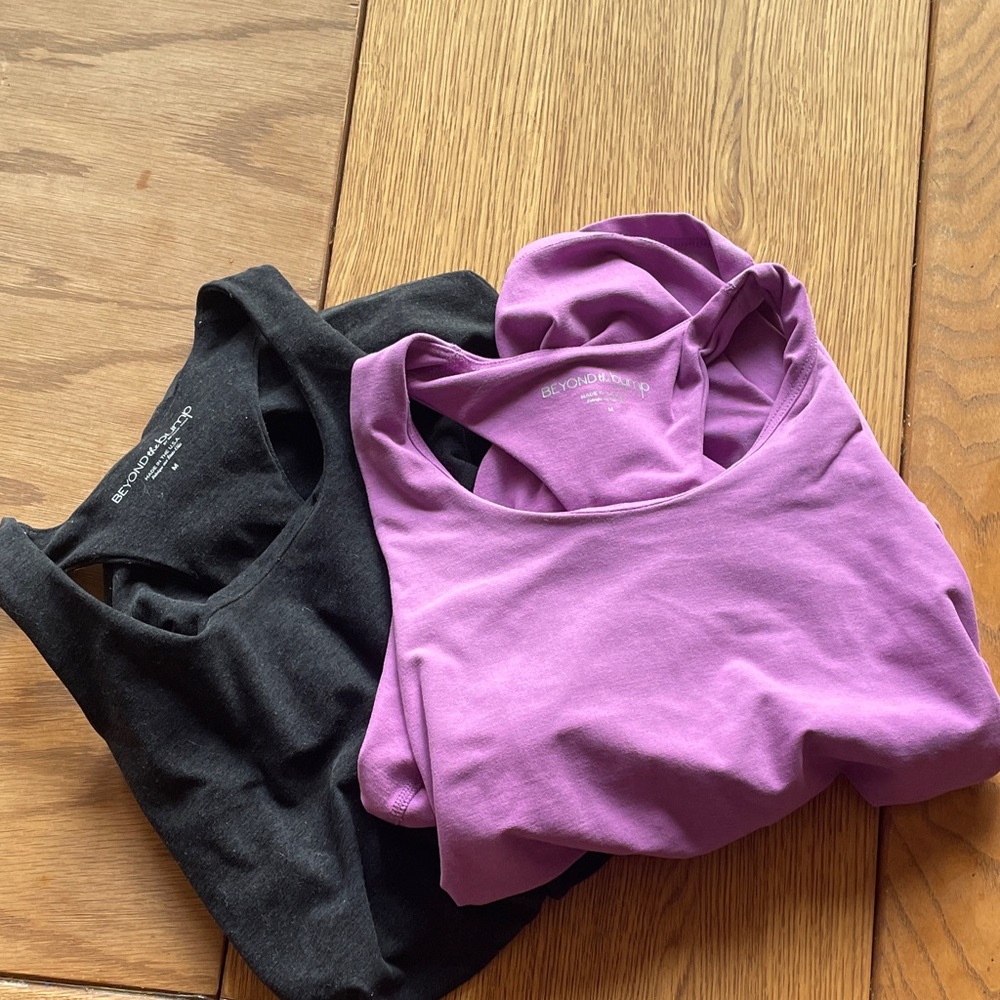 Set of 2 Beyond Yoga  “Beyond the Bump” Black and Purple Maternity Tank Tops